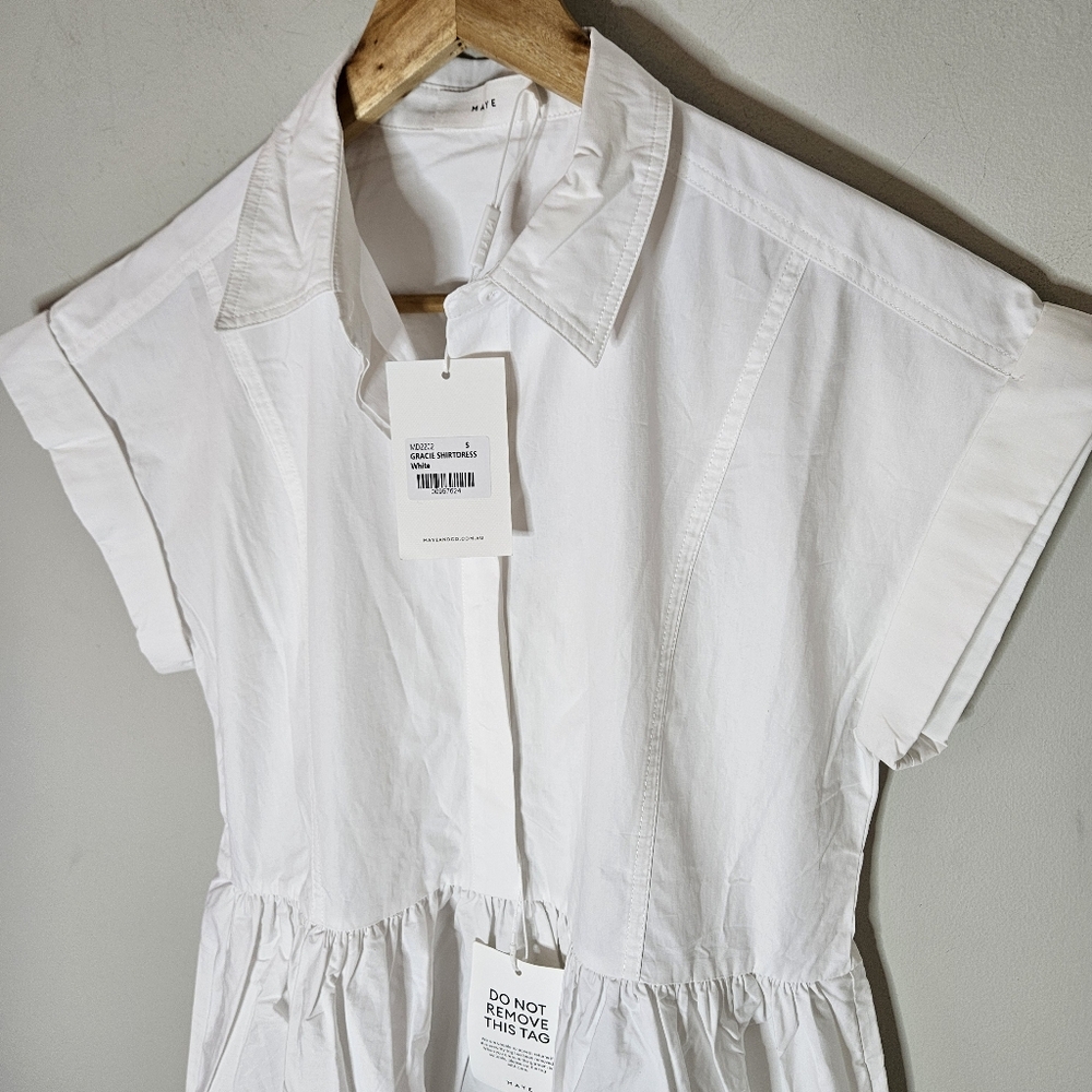 Maye Gracie Shirtdress Midi Maxi Dress White Cotton Cap Sleeves S Small NWT - Picture 4 of 12